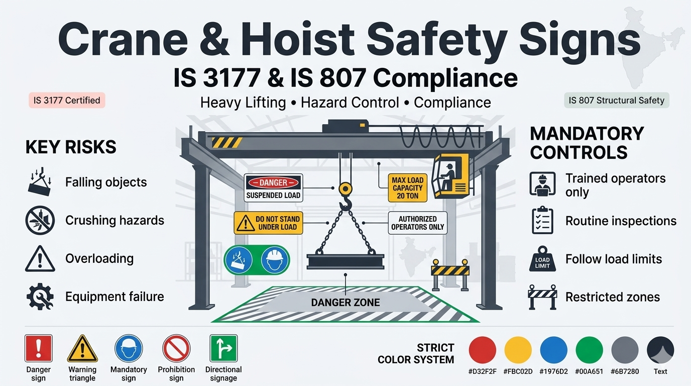 Crane and Hoist Safety Signs in Indian Factories: IS 3177 and IS 807 Requirements