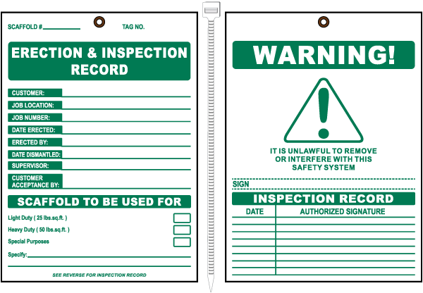Erection & Inspection Record Scaffold Tag